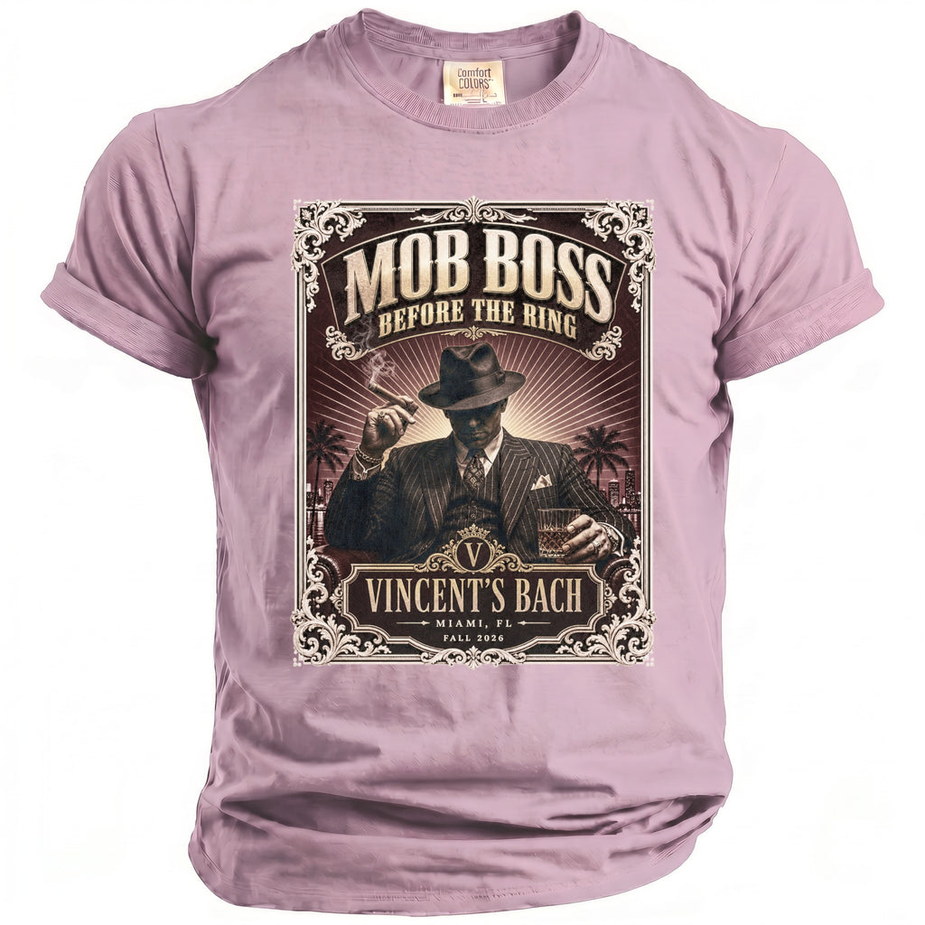 Lilac t-shirt with a "Mob Boss Before the Ring" graphic featuring a man with a cigar and drink.