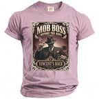 Lilac t-shirt with a "Mob Boss Before the Ring" graphic featuring a man with a cigar and drink.