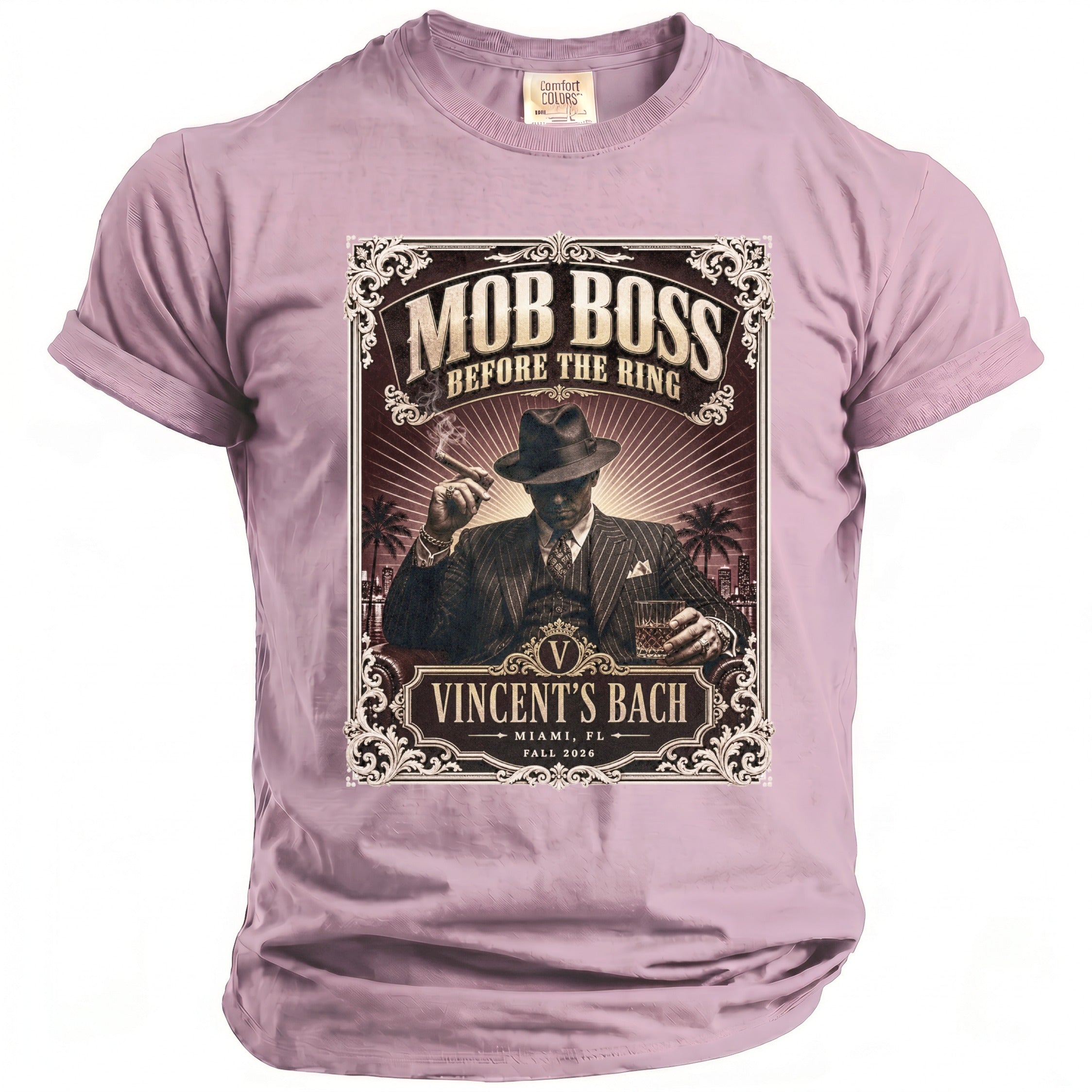 Lilac t-shirt with a "Mob Boss Before the Ring" graphic featuring a man with a cigar and drink.