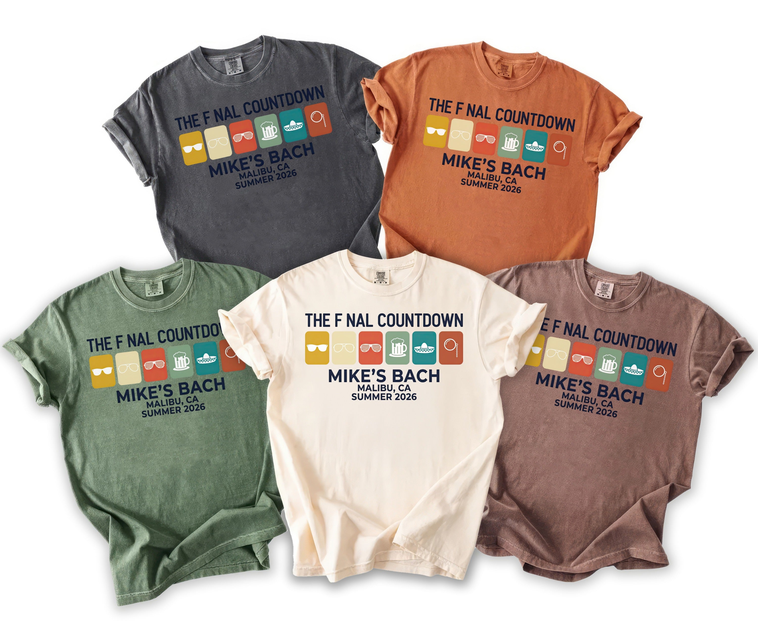 T-shirts with "The Final Countdown Mike's Bach Malibu, CA Summer 2026" text and graphics.
