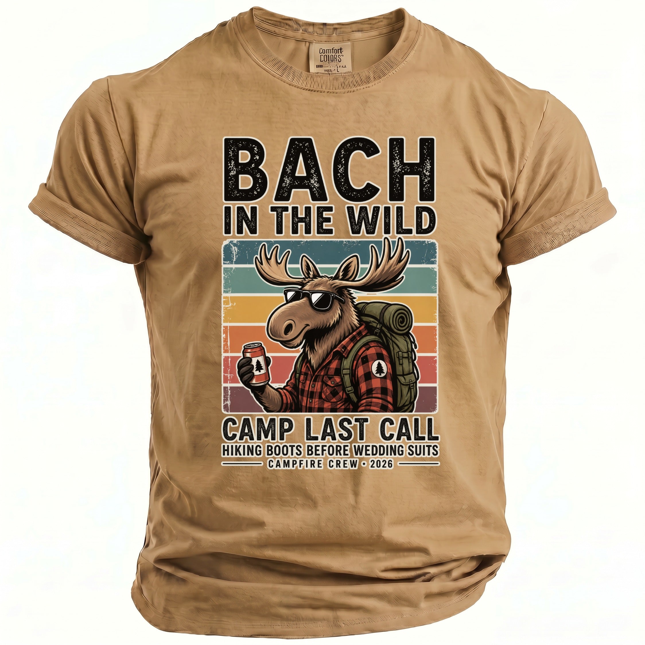 T-shirt with a cartoon moose in sunglasses and a backpack, "BACH IN THE WILD" text.