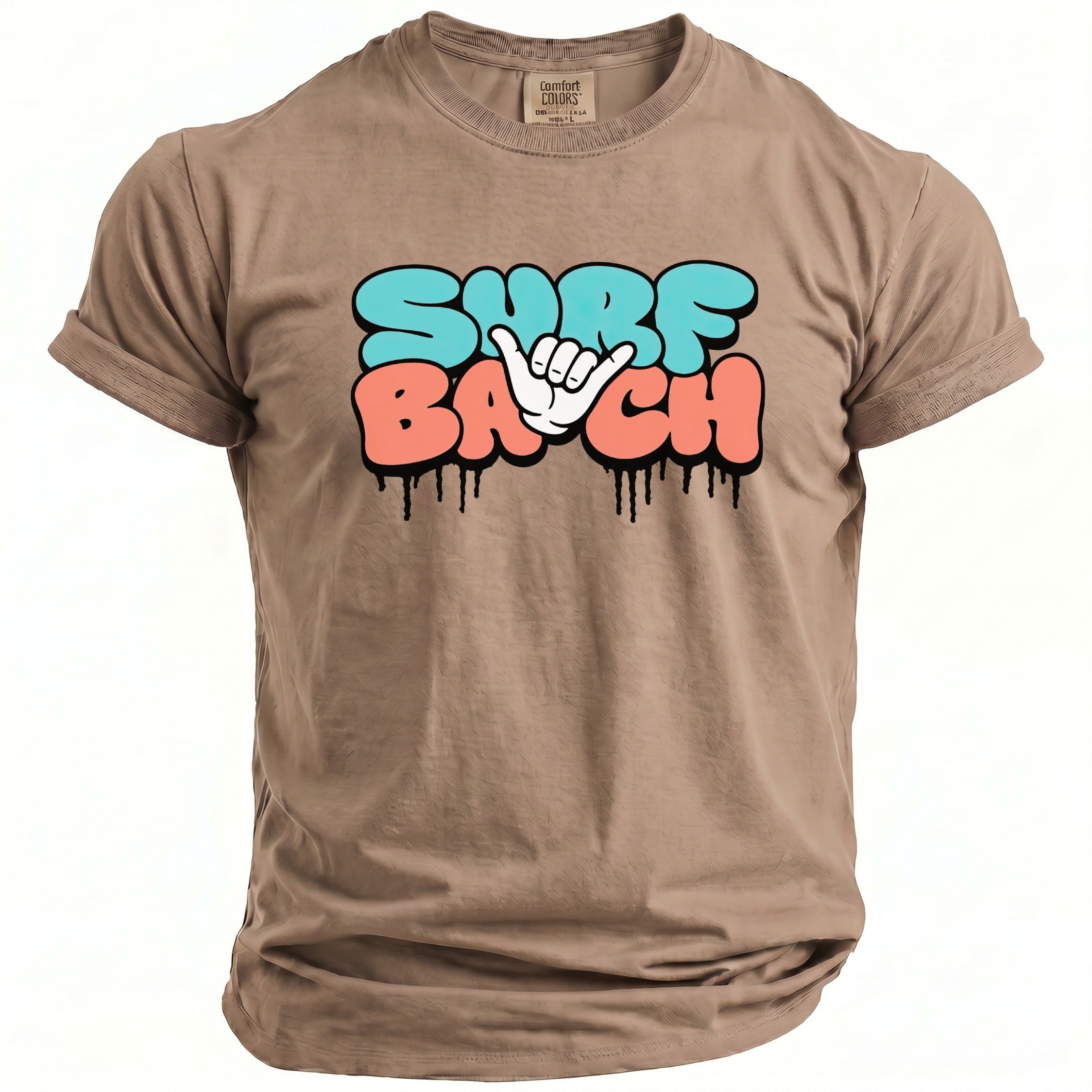 Brown t-shirt with "SURF" in blue and "BACH" in coral, and a shaka hand gesture.