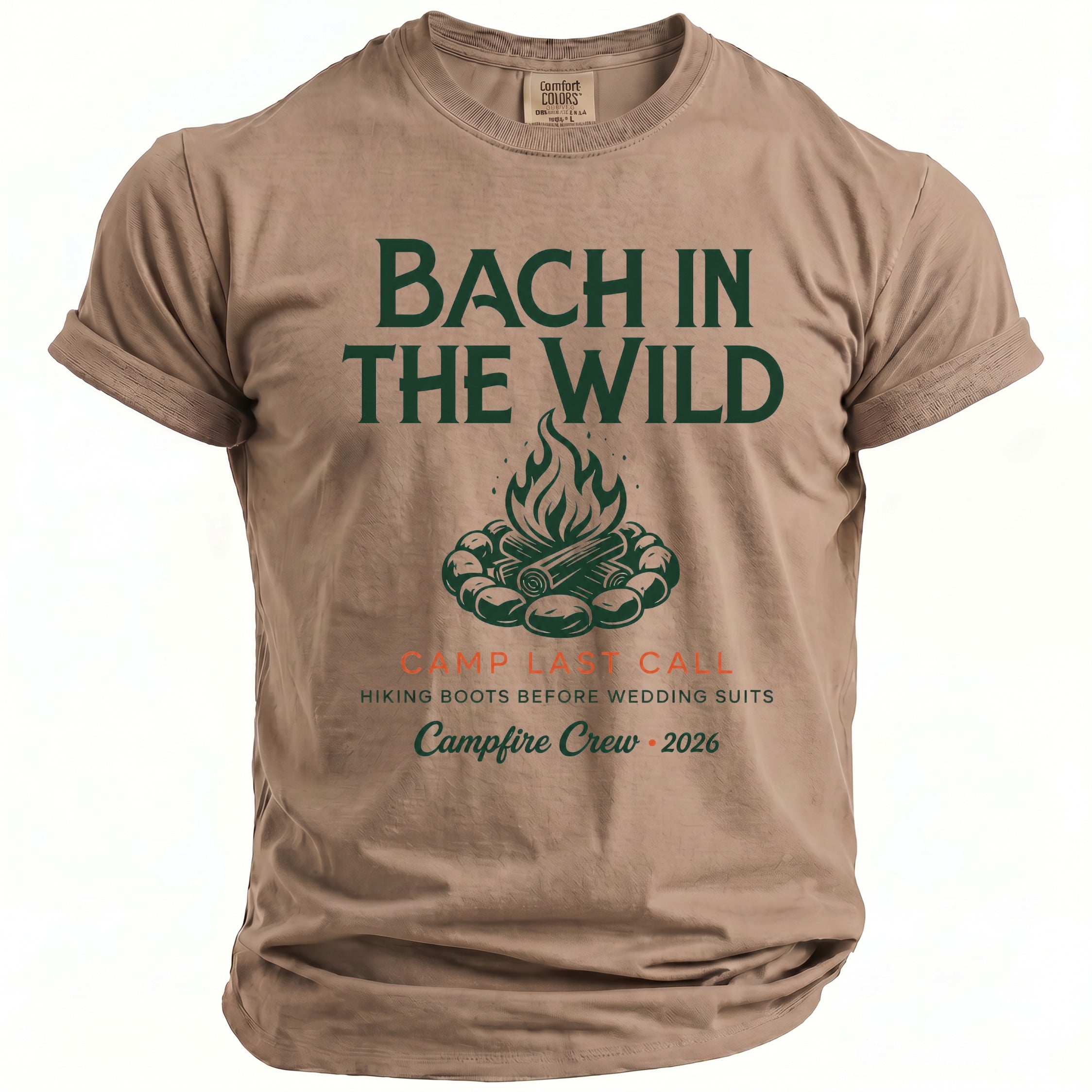 T-shirt with "Bach In The Wild" and campfire graphic.