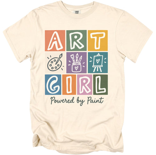 Cream t-shirt with "ART GIRL" and "Powered by Paint" graphic.