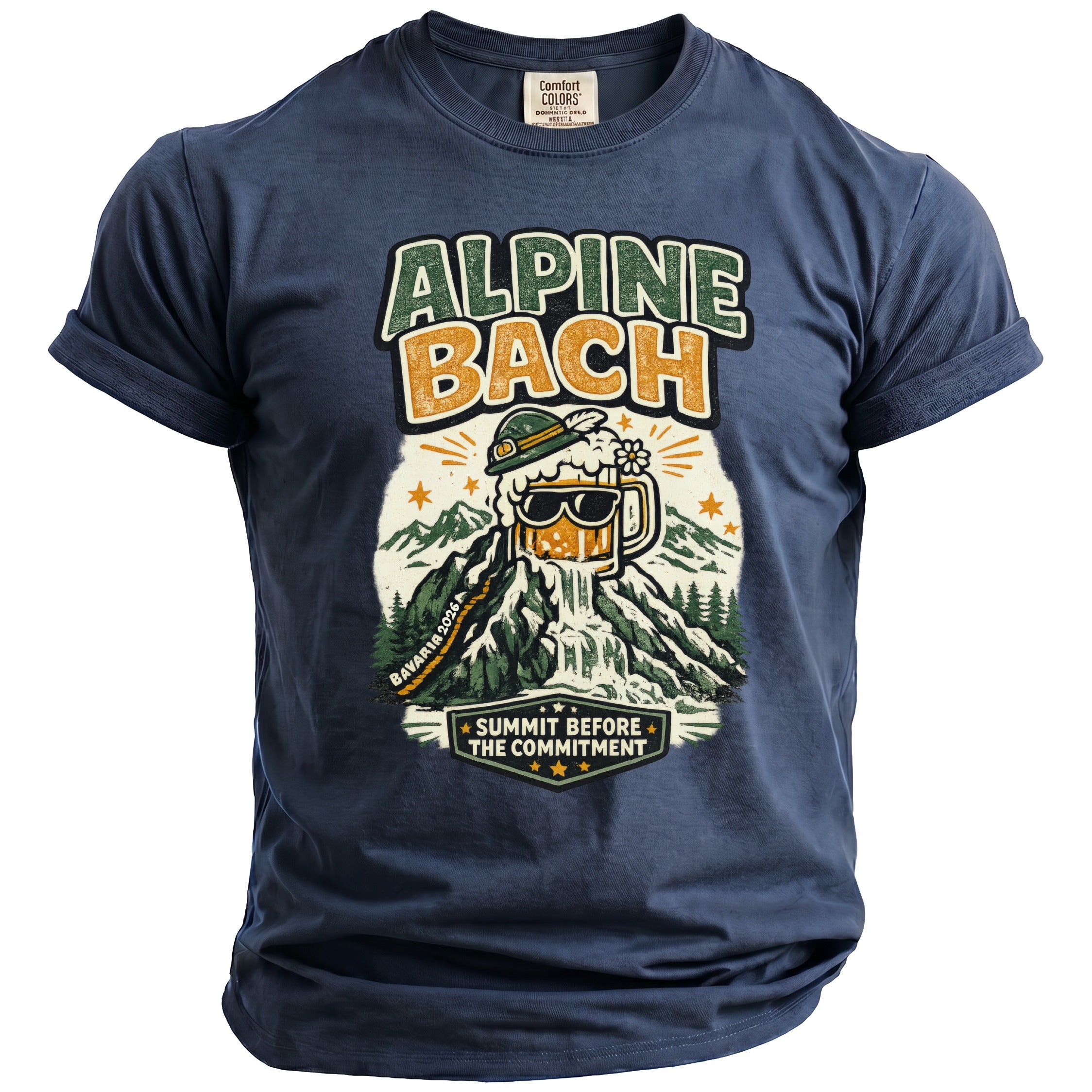 Navy t-shirt with "Alpine Bach" text and beer mug on mountain graphic.