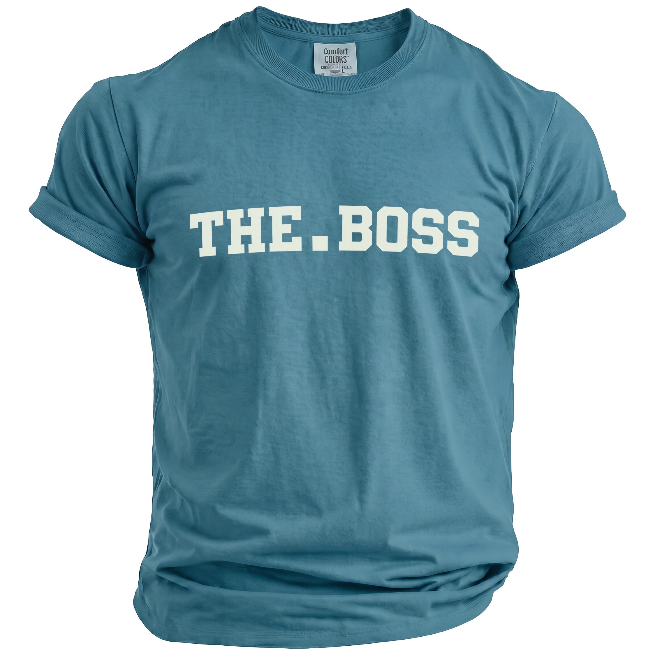 Teal t-shirt with white text that reads "THE.BOSS".