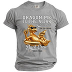 Grey t-shirt with a golden dragon smoking, drinking, and floating on an innertube. Text reads "Dragon Me to the Altar Bachelor Party" and "Bach Crew Since [Year]".