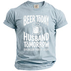 Light blue t-shirt with "Beer Today Husband Tomorrow" and "Bachelor Party 2026" graphics.
