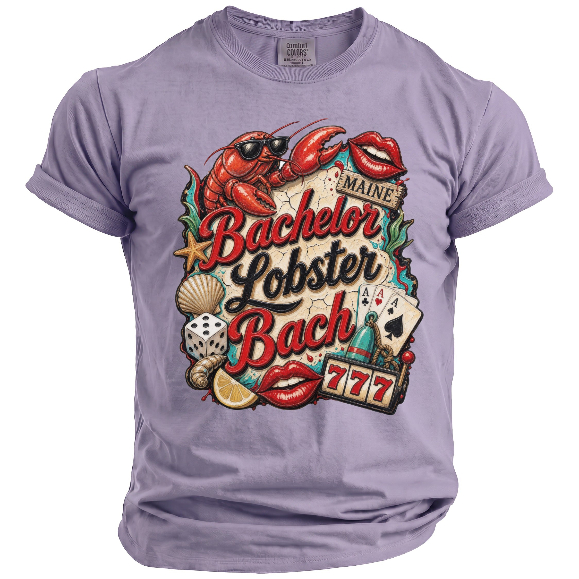 T-shirt with "Bachelor Lobster Bach Maine" design featuring a lobster and gambling elements.