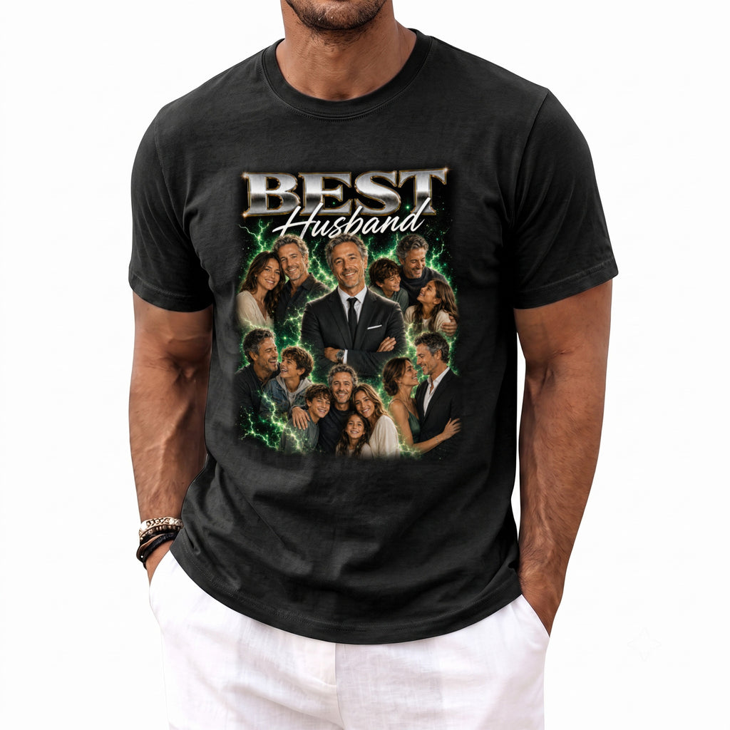 Black t-shirt with "BEST Husband" text and a collage of family photos.