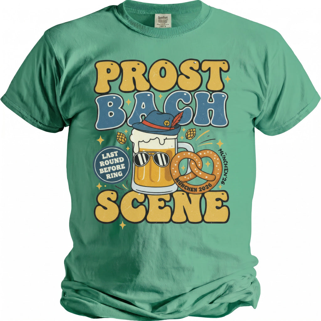 "Prost Bach" t-shirt with sunglasses-wearing beer mug, pretzel, and text "München '26".