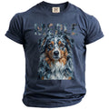 Merle text above an Australian Shepherd dog painting on a navy blue t-shirt.