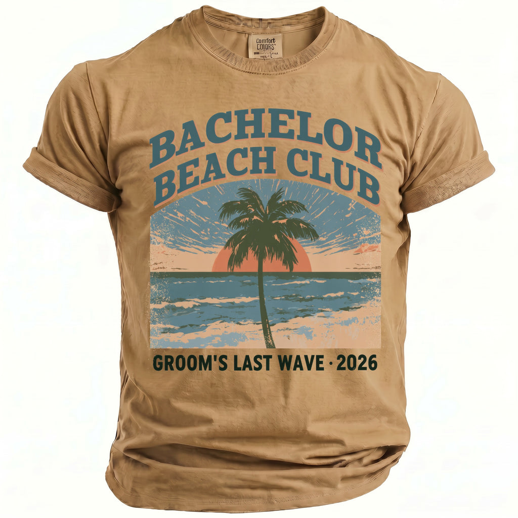 Tan t-shirt with "Bachelor Beach Club" and "Groom's Last Wave 2026" graphic.