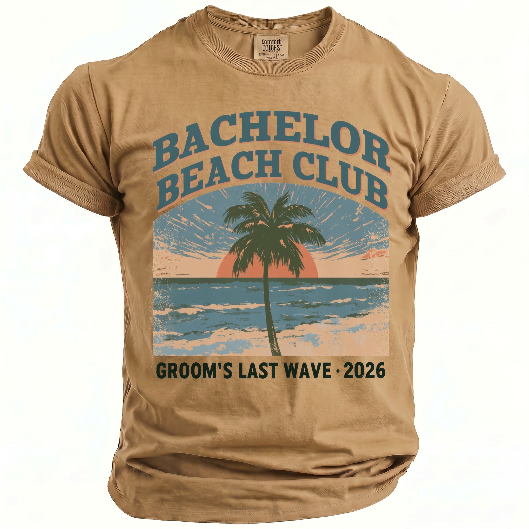 Tan t-shirt with "Bachelor Beach Club" and "Groom's Last Wave 2026" graphic.