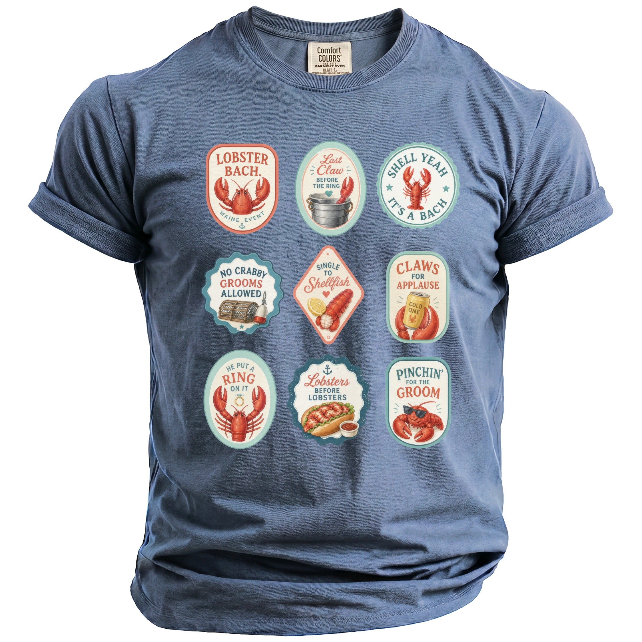 Blue t-shirt with nine oval graphics featuring lobsters and wedding-themed text.