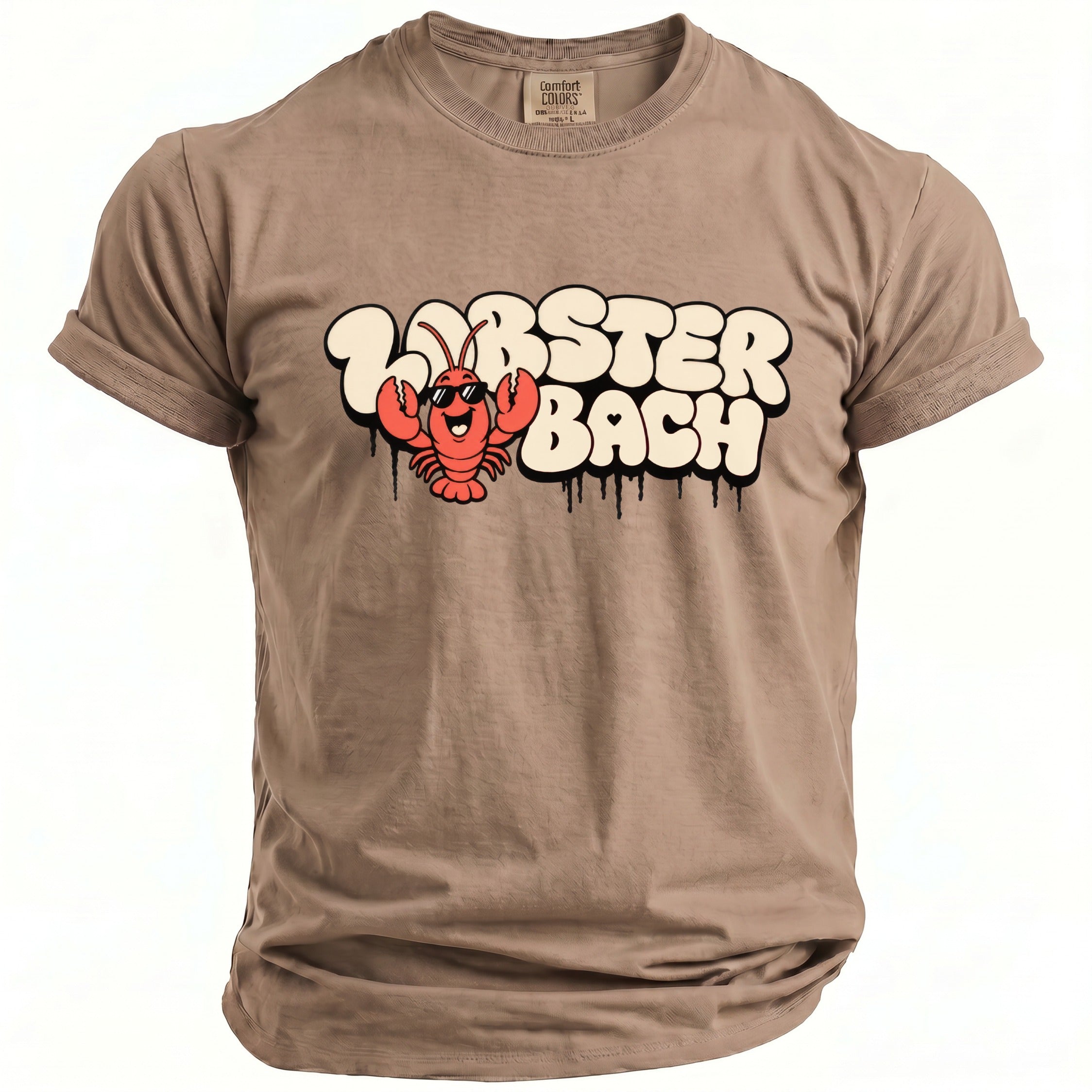 Brown t-shirt with a cartoon lobster wearing sunglasses and the text "LOBSTER BACH".