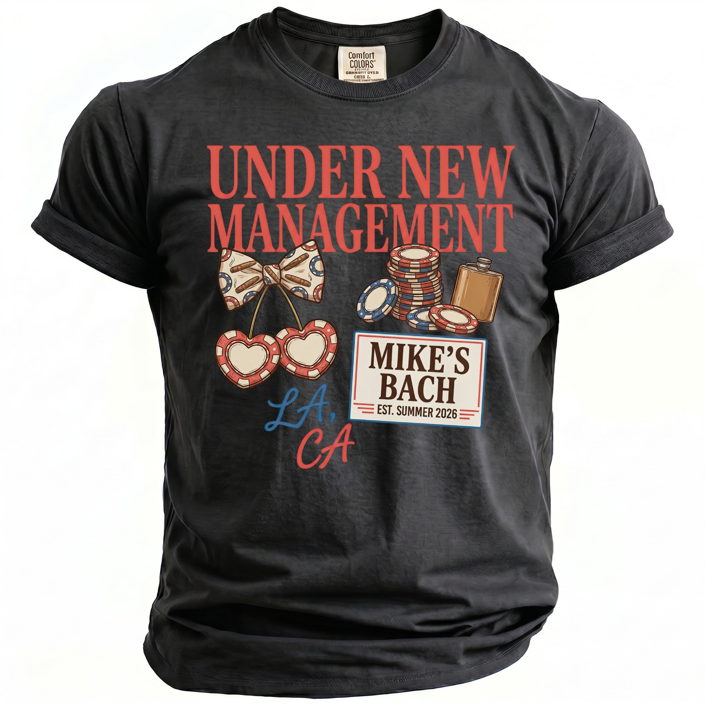 Black t-shirt with "Under New Management" and "Mike's Bach" graphics.