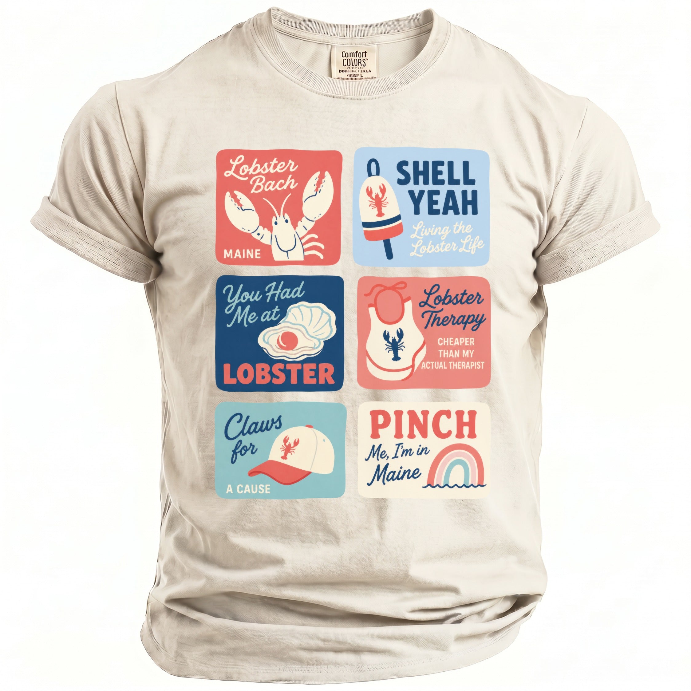 T-shirt with six square graphics featuring lobster puns and Maine imagery.