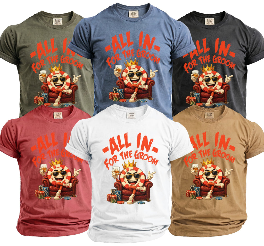 T-shirts with "All In For The Groom" text and poker chip cartoon character.