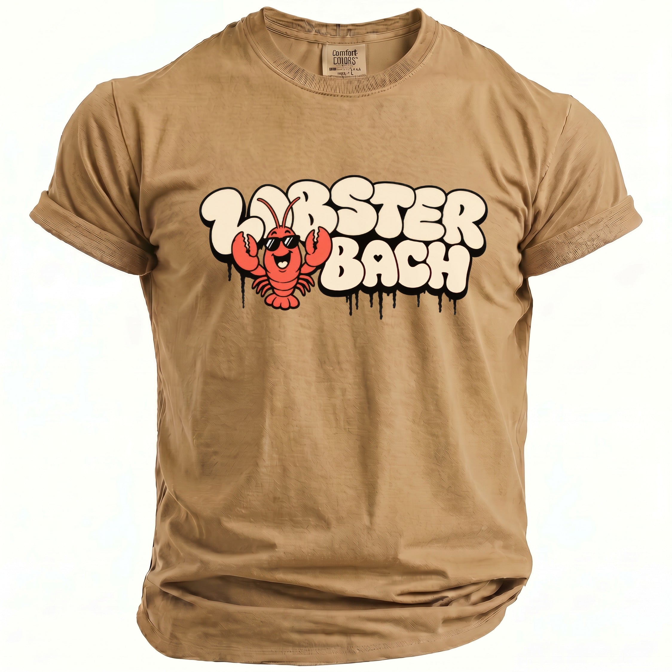 Tan t-shirt with cartoon lobster and "Lobster Bach" text graphic.