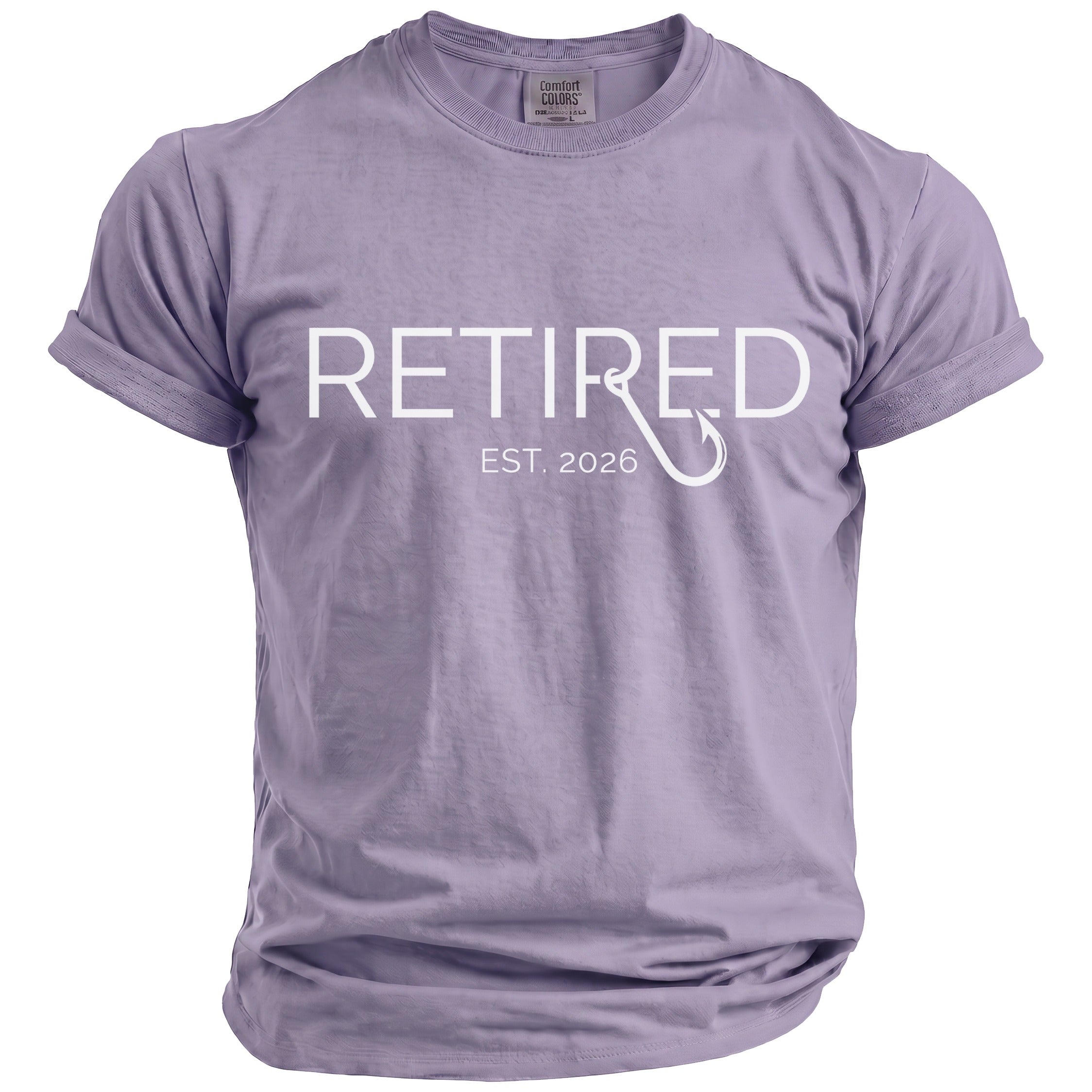 Lavender t-shirt with "Retired Est. 2026" and a fishing hook design.