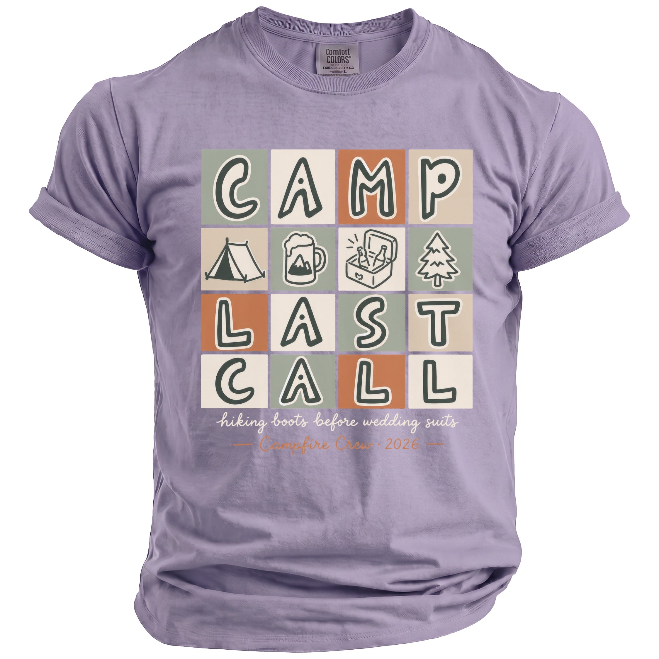 Purple t-shirt with "CAMP LAST CALL" text and camping graphics.