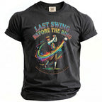 Dark grey t-shirt with graphic of golfer and "Last Swing Before the Ring Bachelor Weekend 2026".