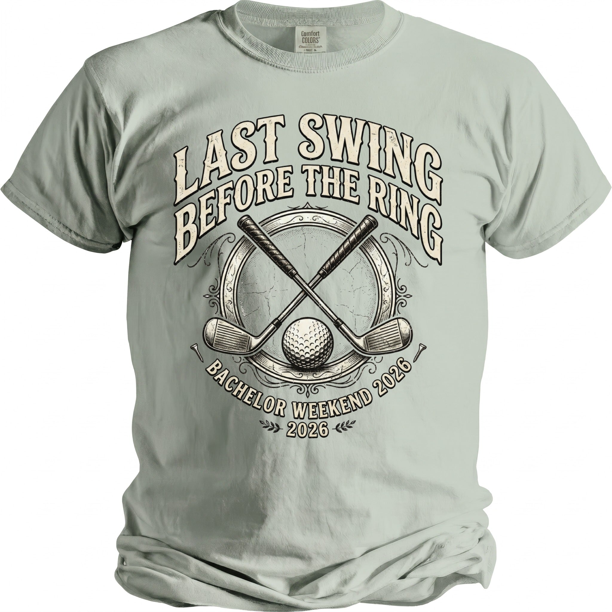 T-shirt with "Last Swing Before the Ring" and golf motif.