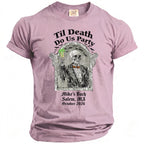 Skeleton in suit holding drink with text "Til Death Do Us Party Mike's Bach Salem, MA October 2026".