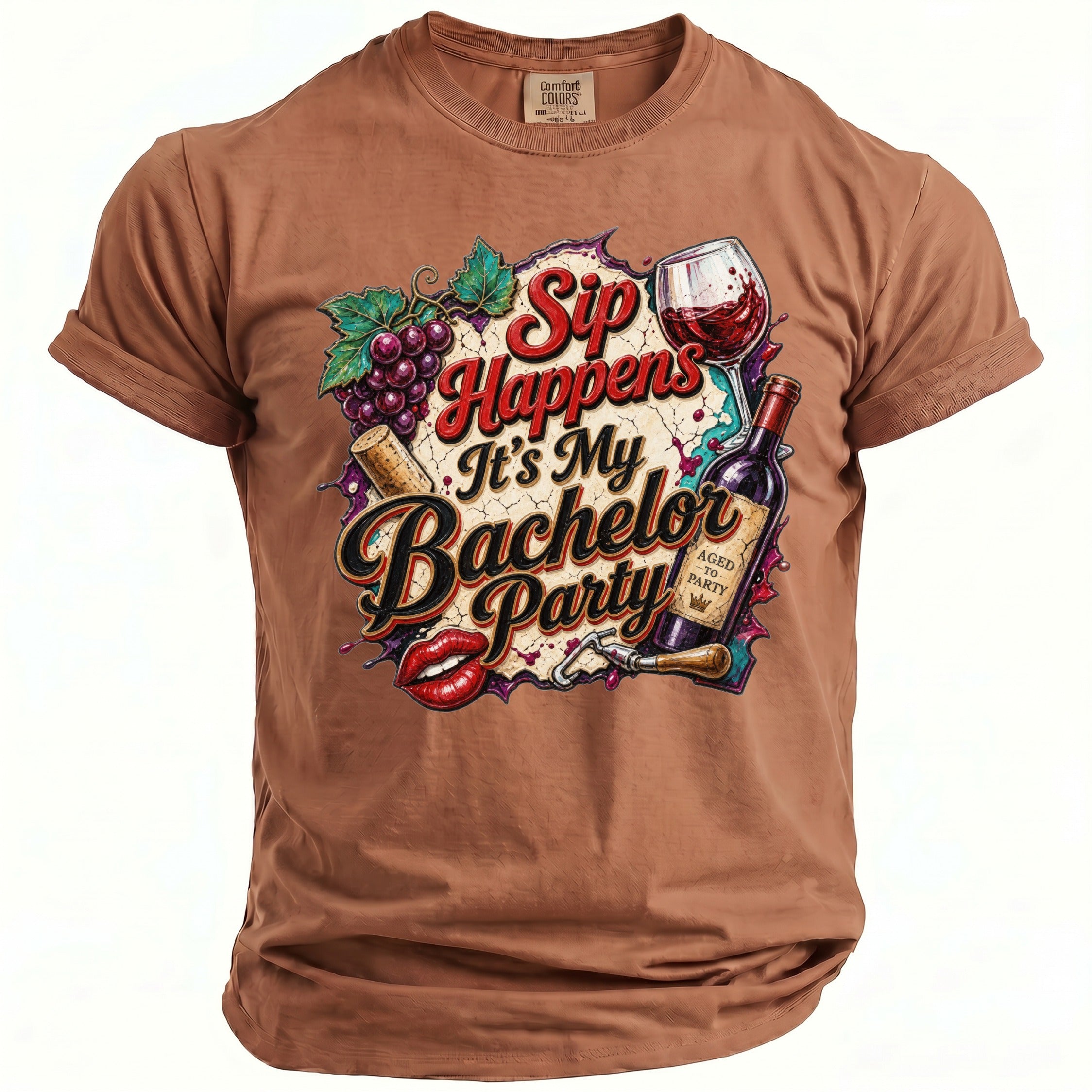 Brown t-shirt with "Sip Happens It's My Bachelor Party" graphic.
