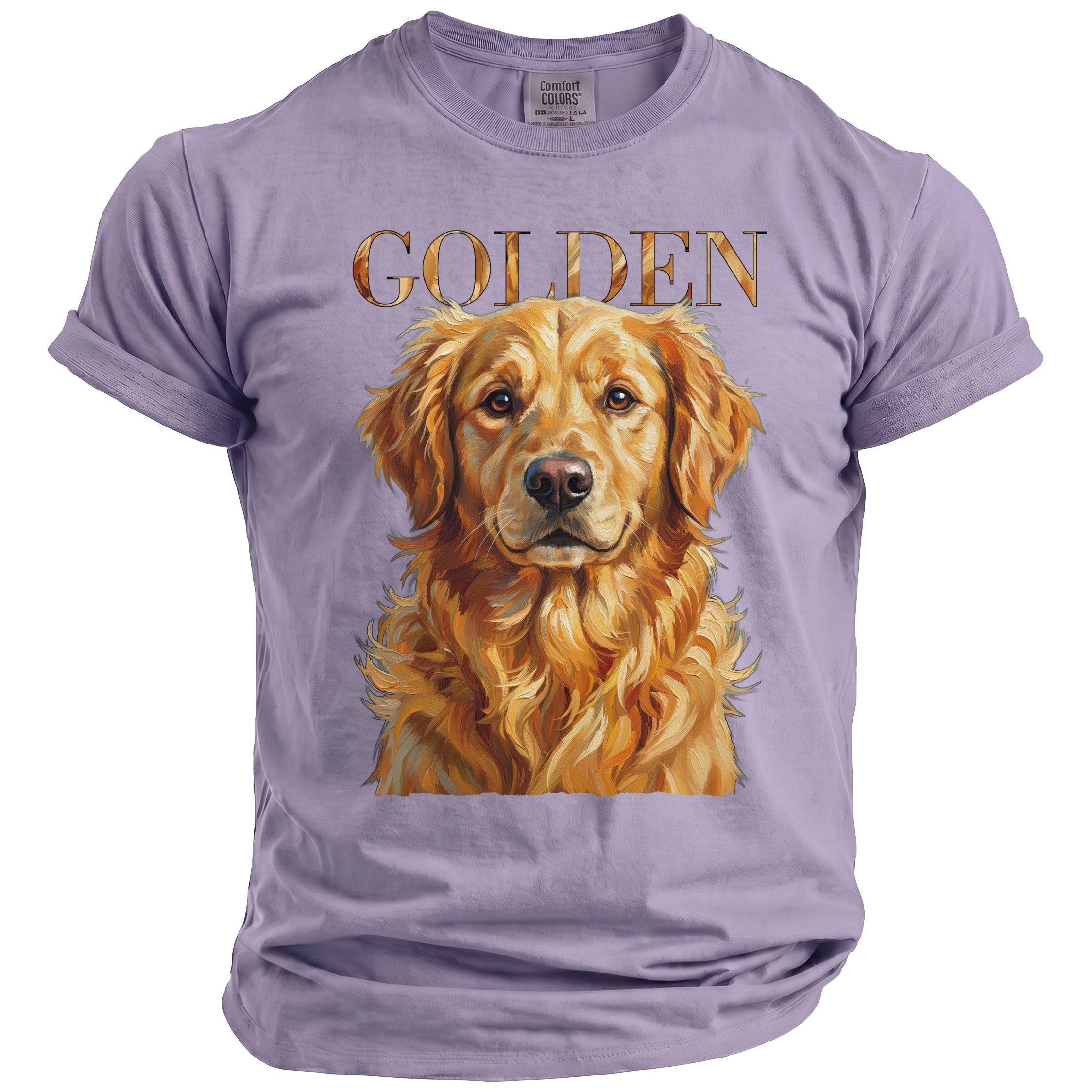 Purple t-shirt with a golden retriever portrait and "GOLDEN" text.