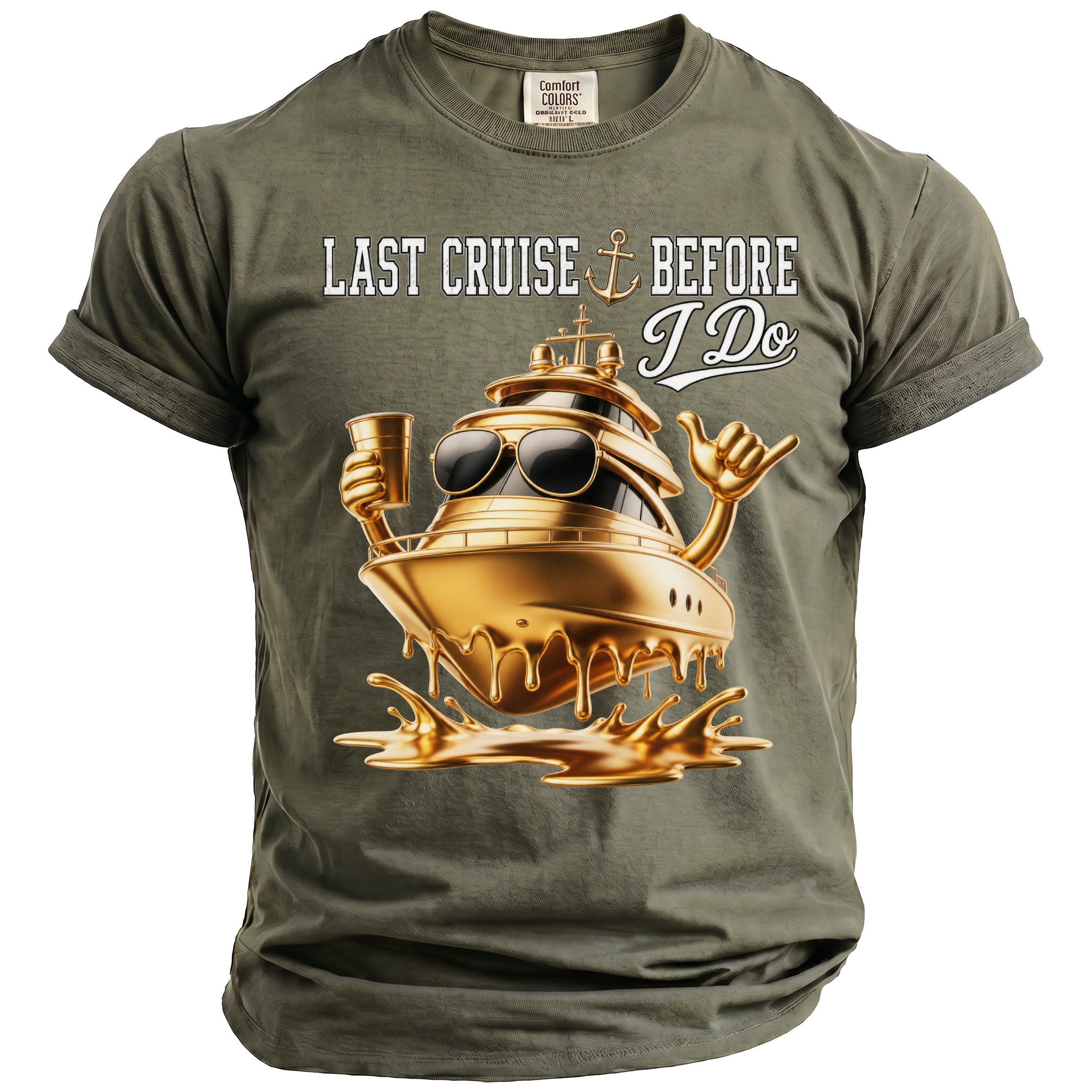 Green t-shirt with "Last Cruise Before I Do" text and a golden yacht.