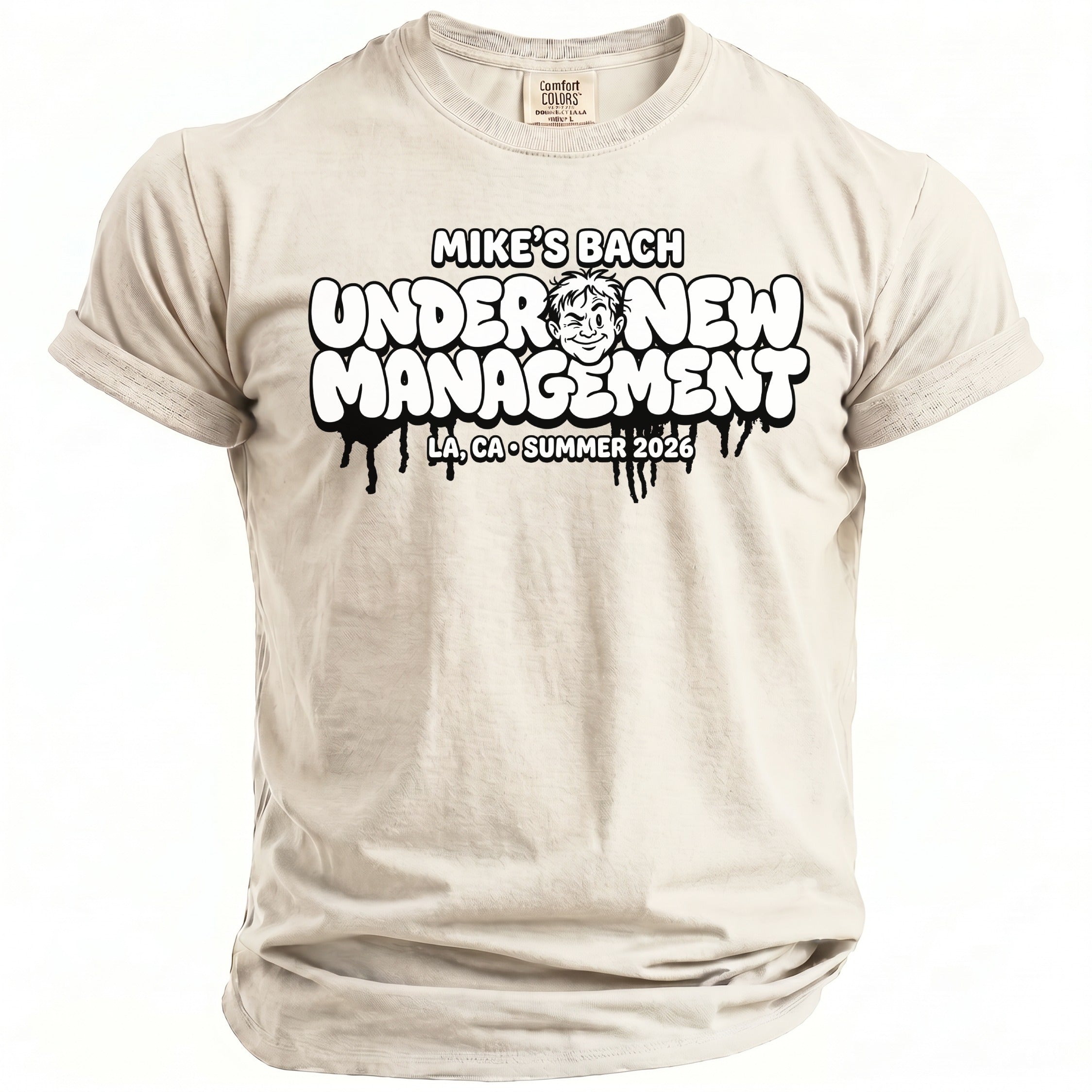 T-shirt with "Mike's Bach Under New Management LA, CA Summer 2026" graphic.