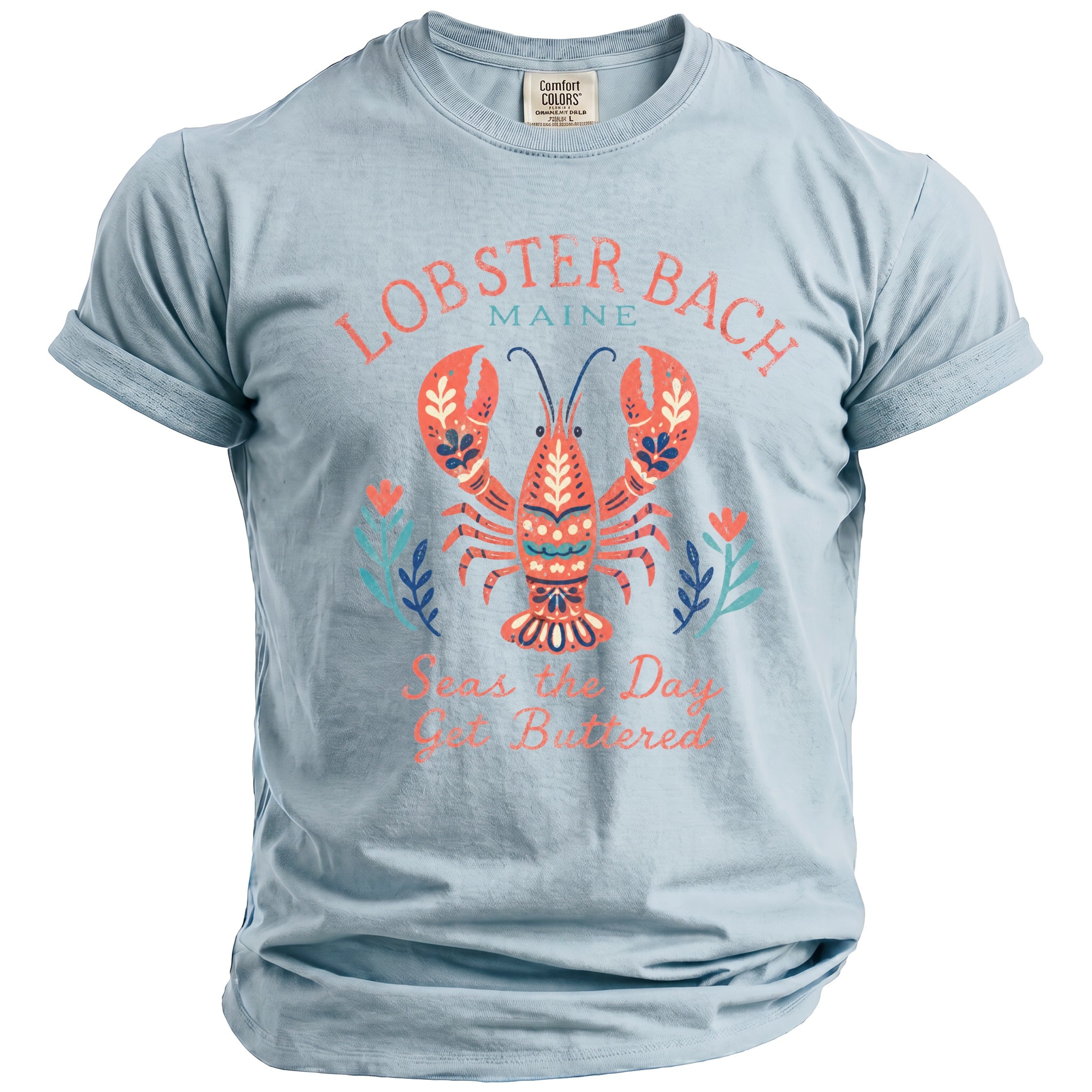 Light blue t-shirt with lobster graphic and "Lobster Bach Maine" text.
