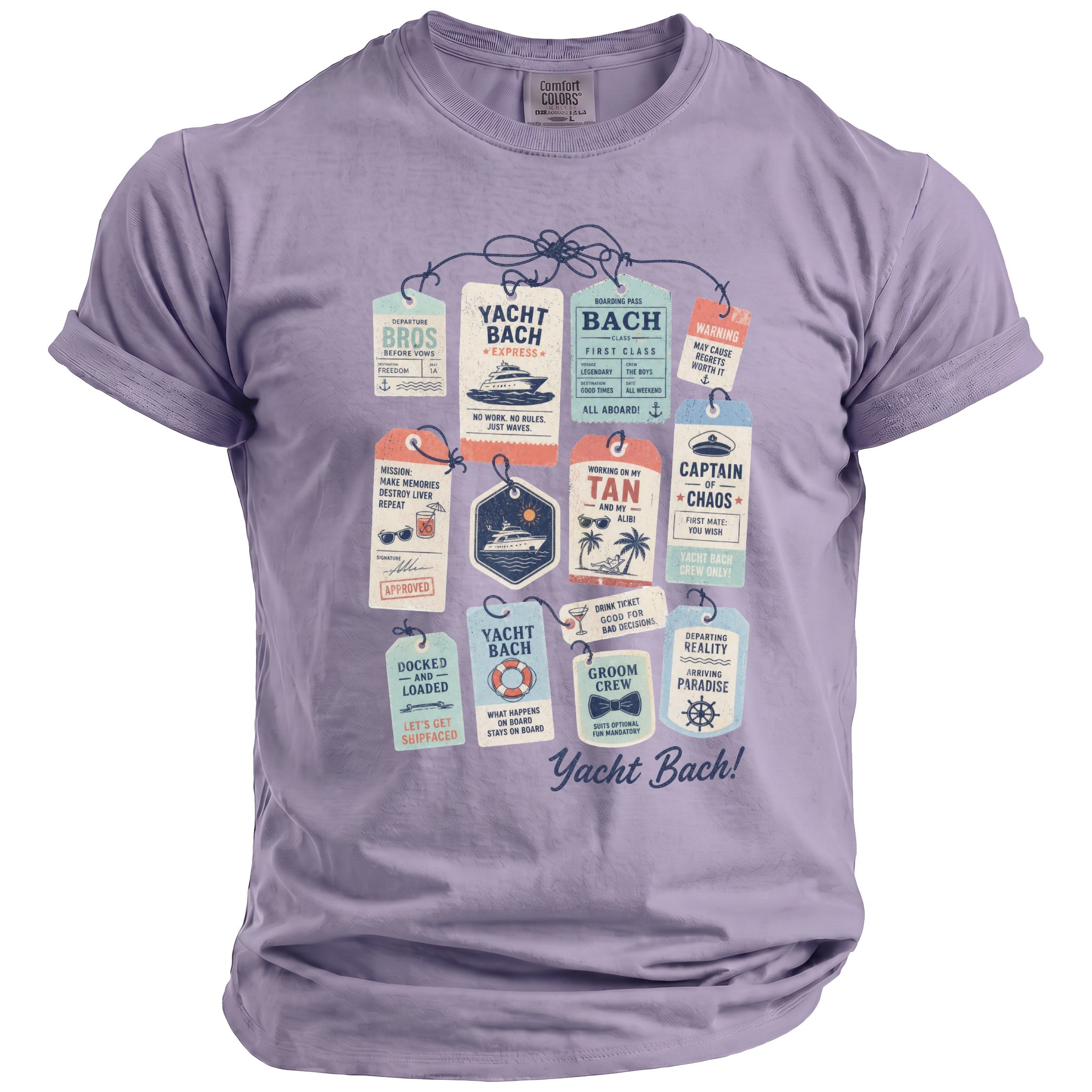 Purple t-shirt with "Yacht Bach" and passport-style tags graphic.