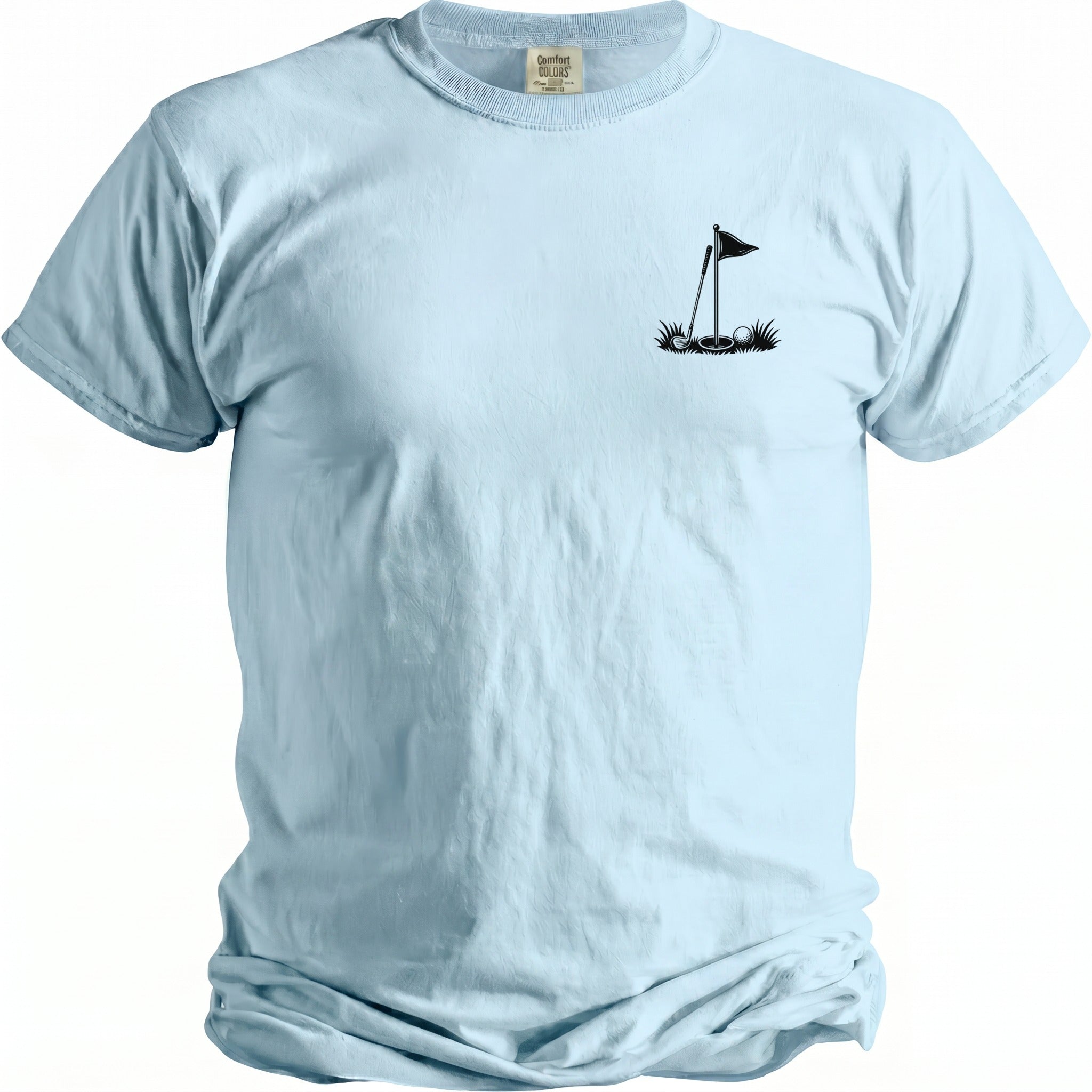 Light blue t-shirt with a black golf club, flag, and ball graphic.