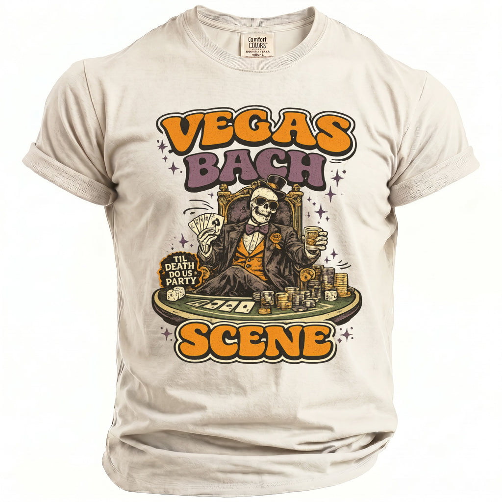 Skull in a suit playing poker with text "Vegas Bach Scene".