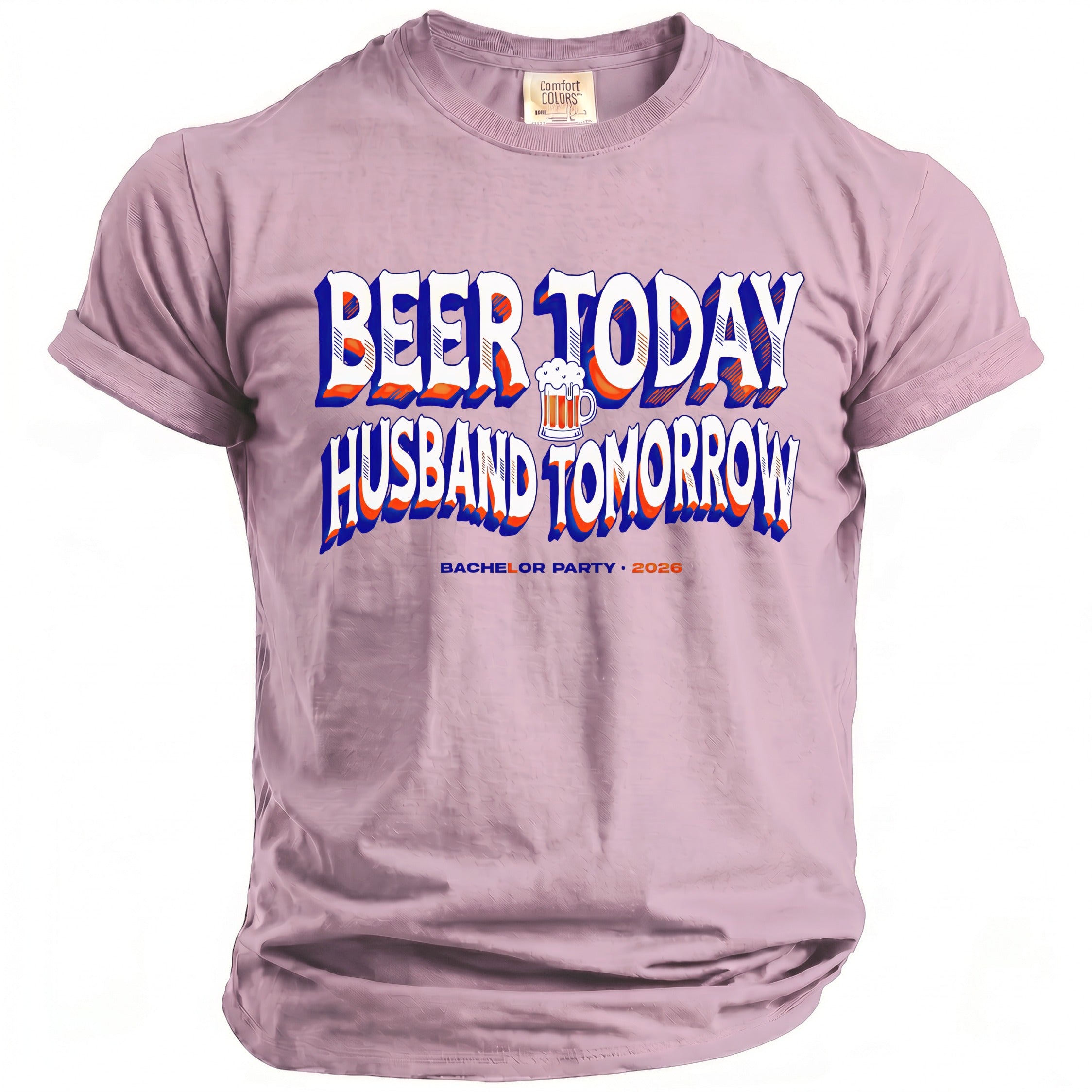 Purple t-shirt with "Beer today husband tomorrow" and "Bachelor party 2026".