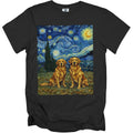 Black t-shirt with two golden retrievers sitting in front of Van Gogh's Starry Night.