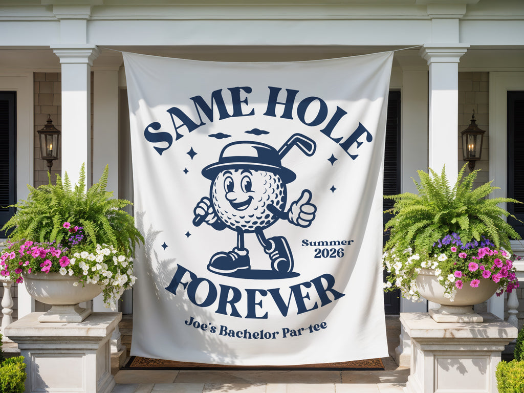 Banner with cartoon golf ball says "Same Hole Forever Joe's Bachelor Par-tee Summer 2026".