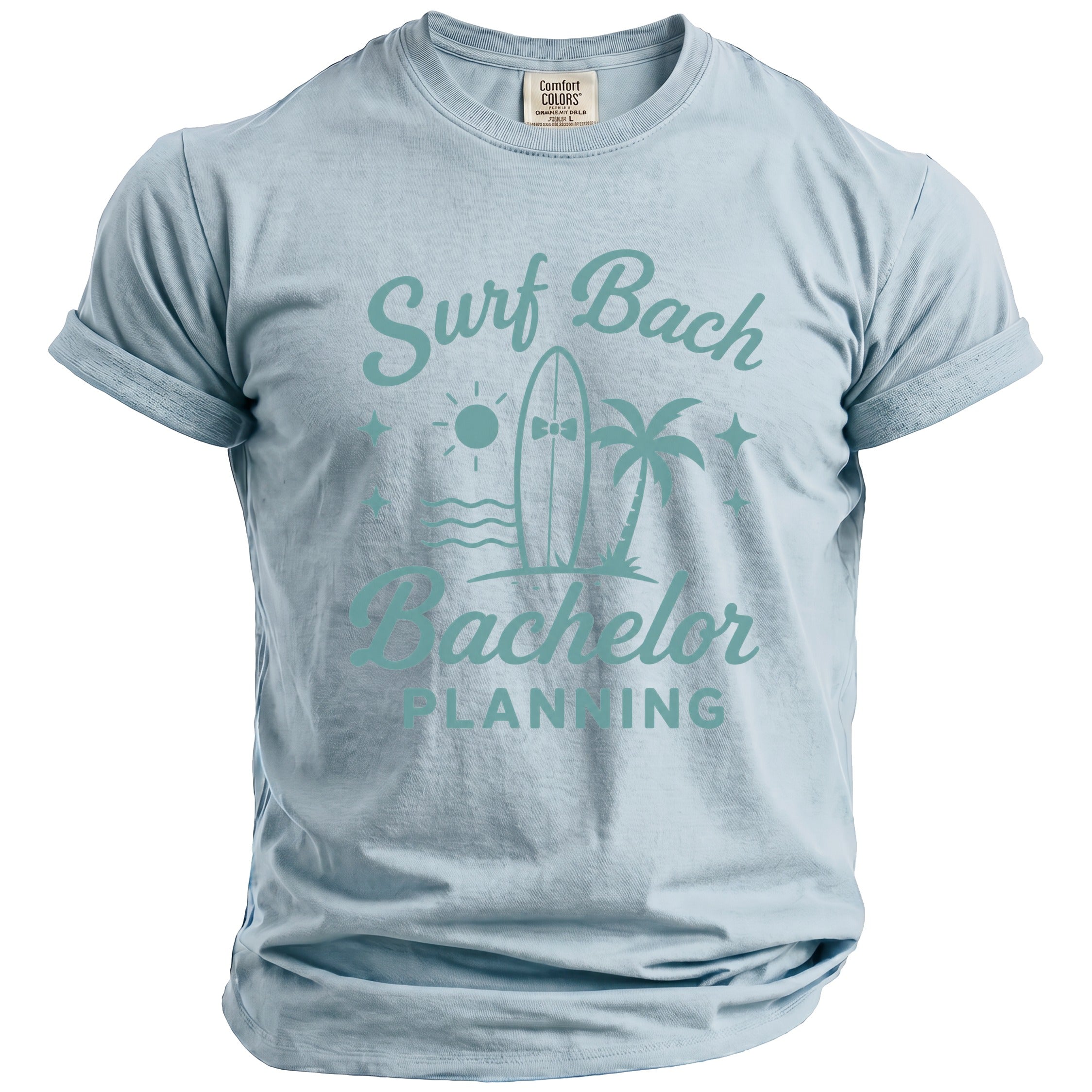 Light blue t-shirt with "Surf Bach Bachelor PLANNING" and beach graphic.