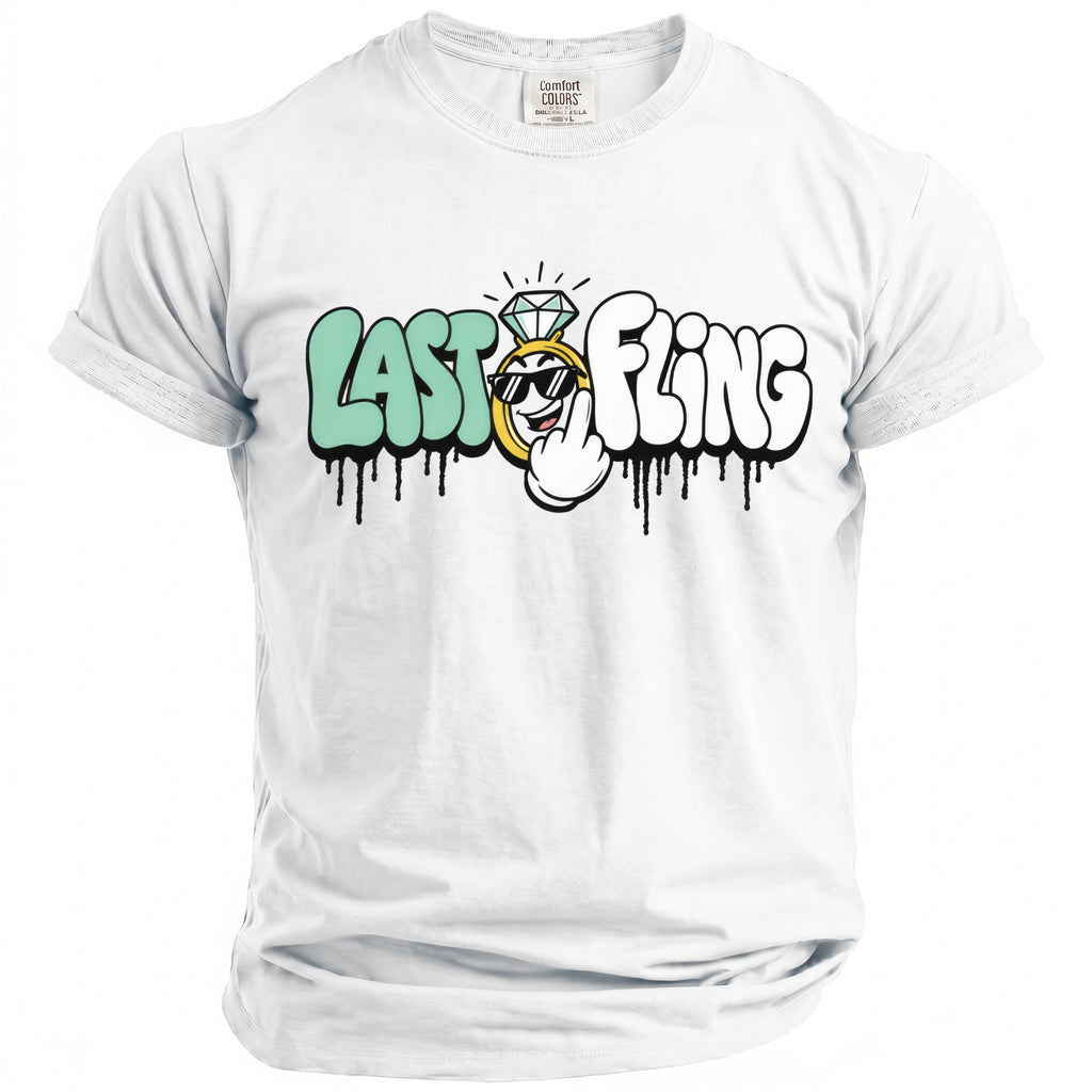 White t-shirt with "LAST FLING" graffiti-style text, diamond ring, and cartoon hand.