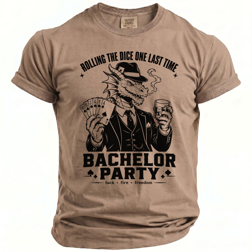 T-shirt with dragon graphic and text "Bachelor Party".