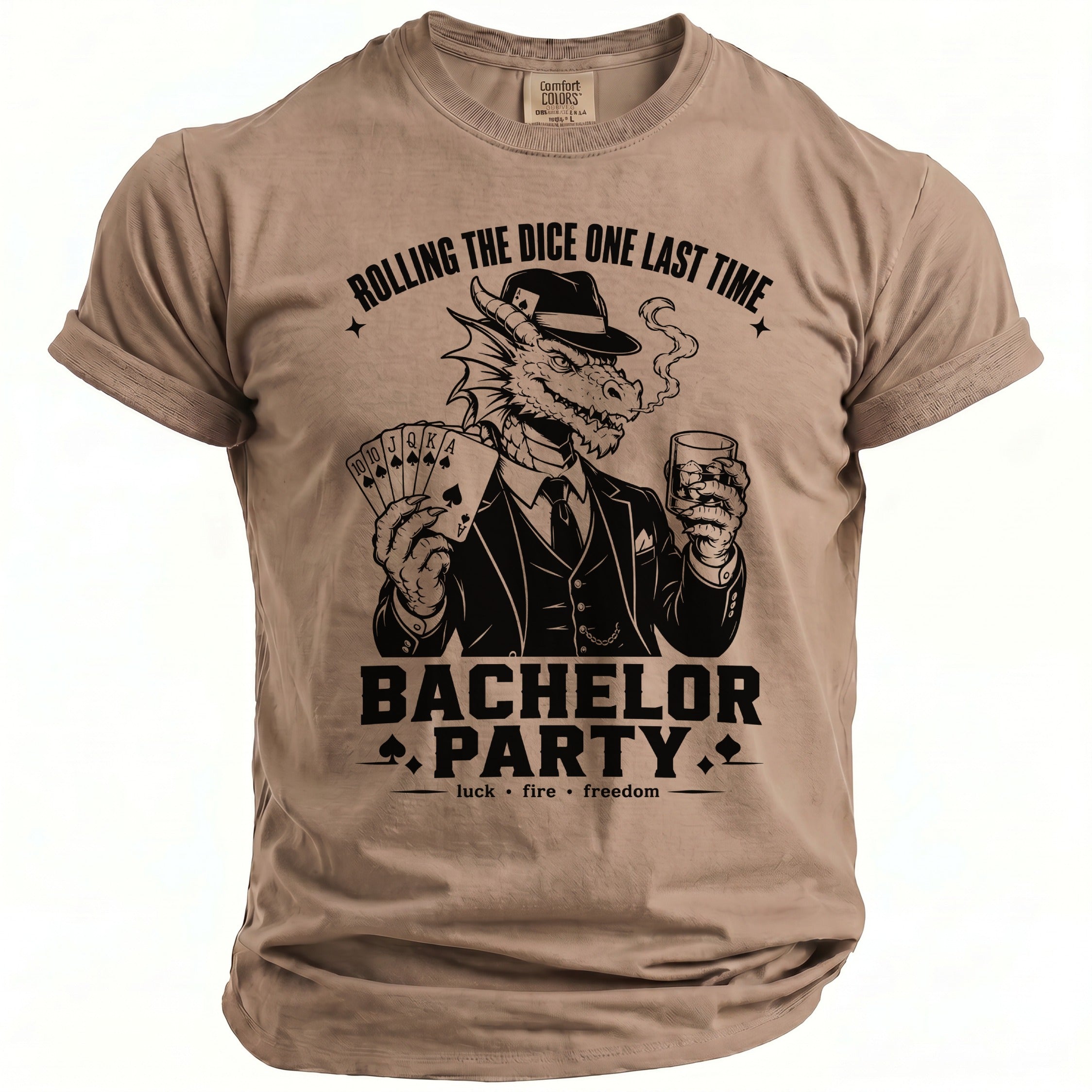 T-shirt with dragon graphic and text "Bachelor Party".