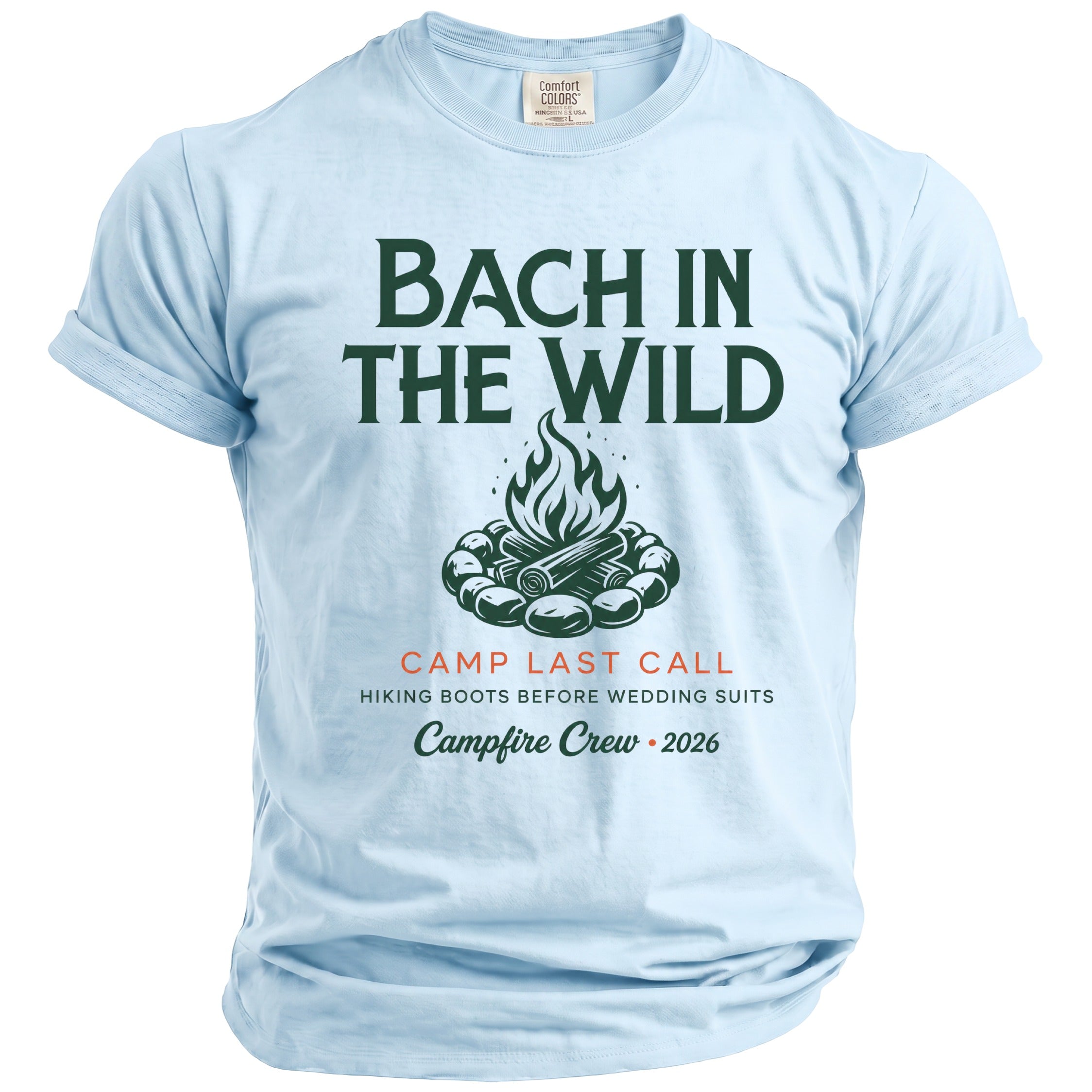 Light blue t-shirt with "Bach In The Wild" and campfire graphic.