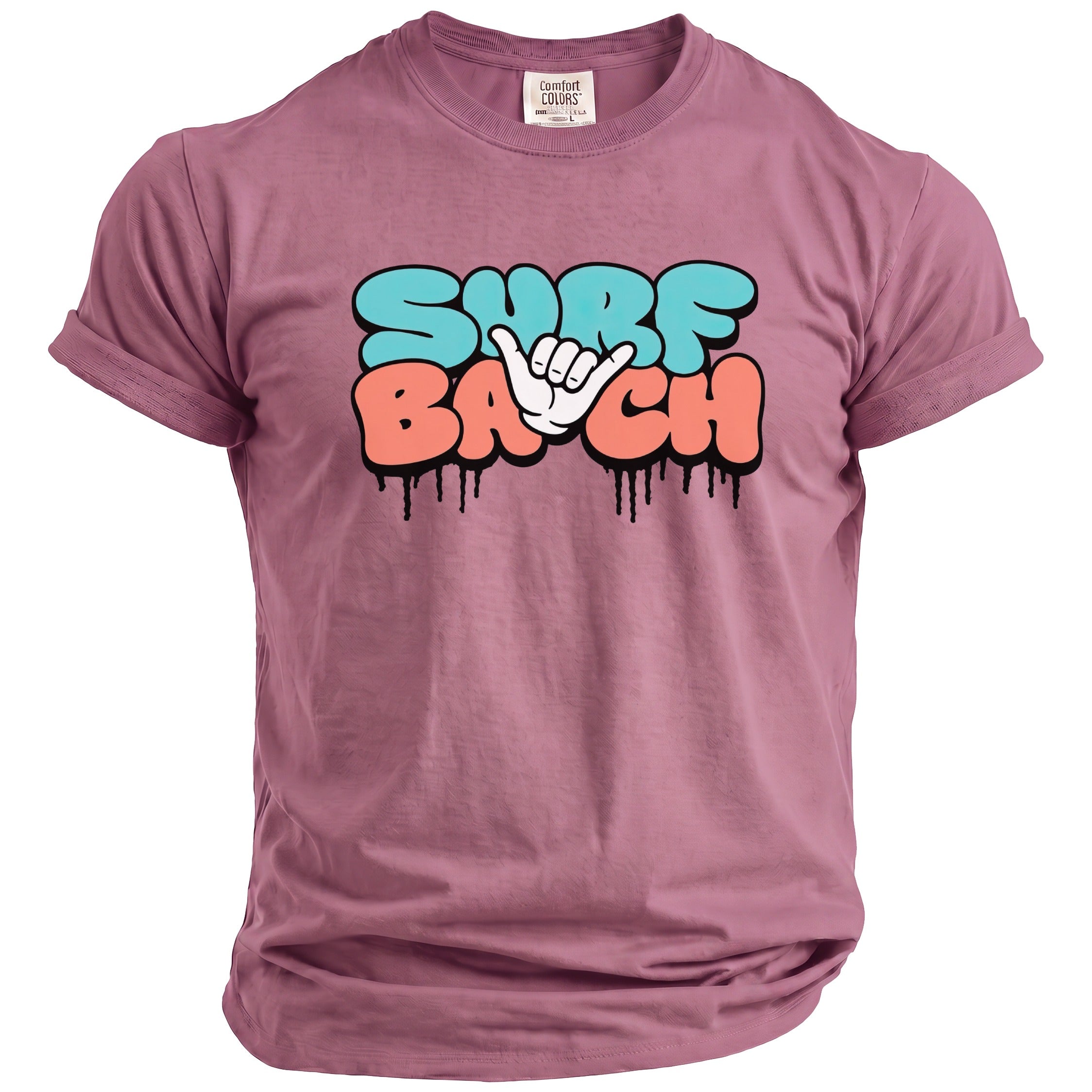 Mauve t-shirt with "SURF" and "BAG" text and a hand gesture.