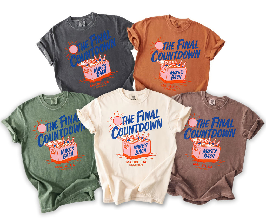 Five t-shirts in various colors with "The Final Countdown" graphic.
