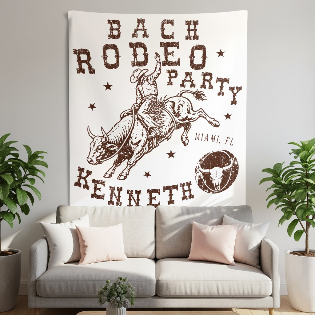 Rodeo party tapestry with bull rider and "Kenneth" text.