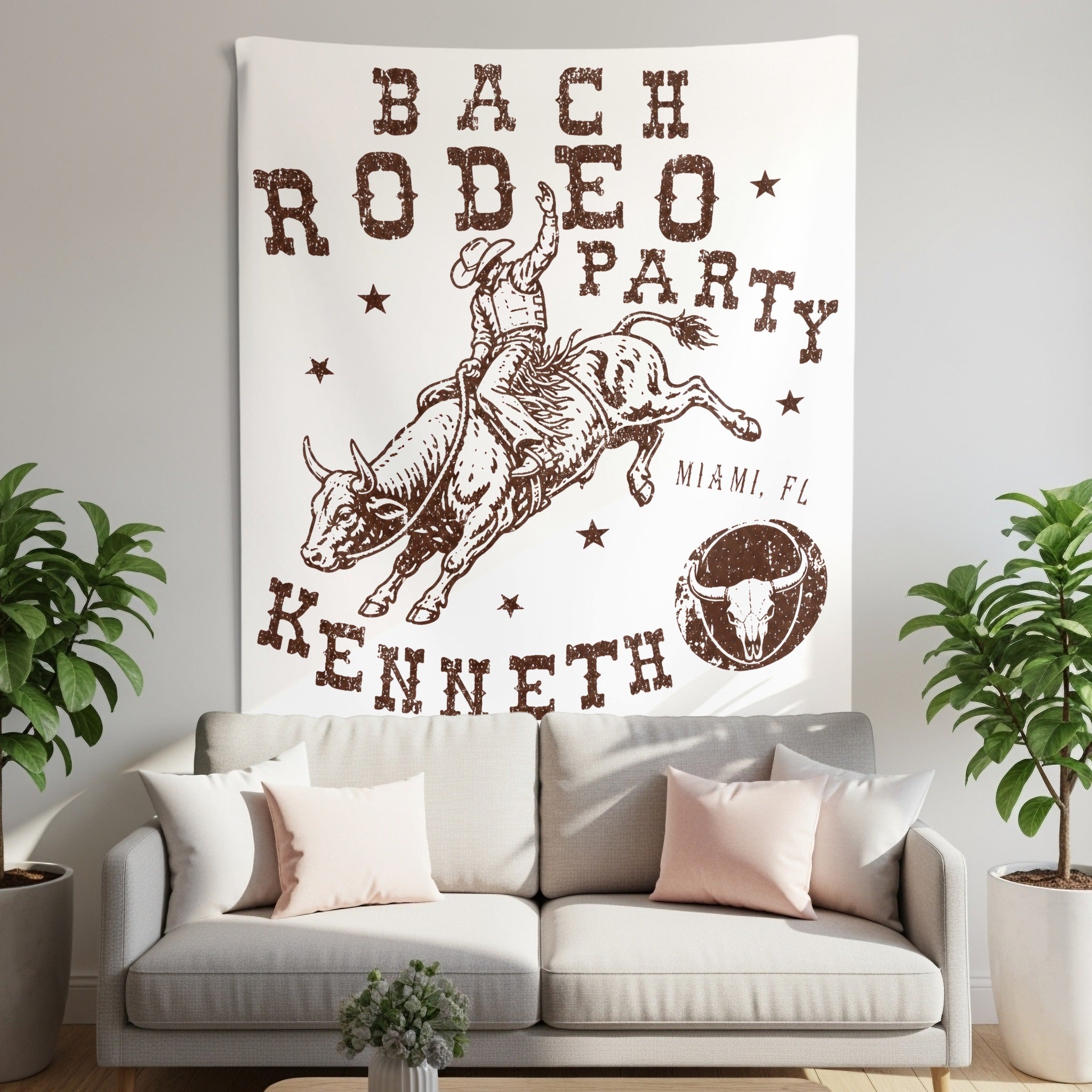 Rodeo party tapestry with bull rider and "Kenneth" text.