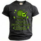 Dark grey t-shirt with neon green graphics: disco ball, checkmark, and text.